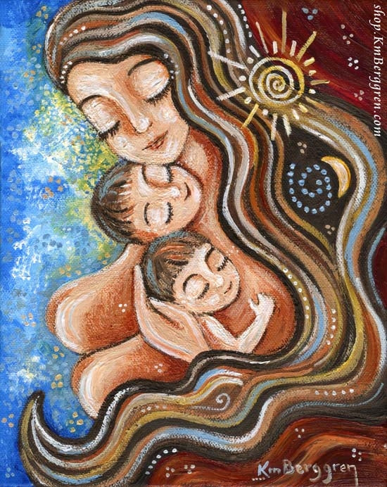 blonde brown mother and sons napping in blue and red art print by KmBerggren, like little ships docked at the harbor, little baby bare bottoms snuggled with mama
