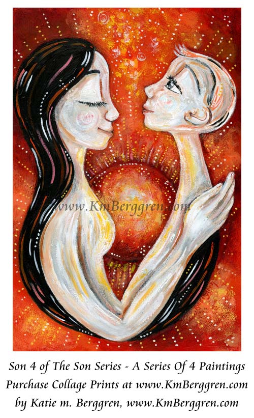 mother son artwork, art print of mom with growing boy, boy becoming a man art, grey eyes, black hair mom, red sunshine, bright red orange warm sun art, warm art, sun art