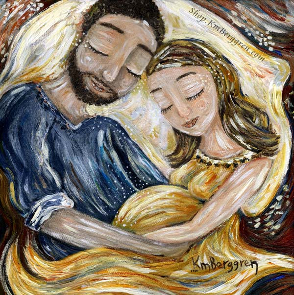 art print of father with facial hair and blonde expectant mother with gold dress by KmBerggren