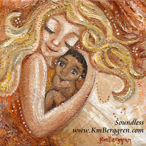 blonde mother dancing with dark skin baby with dark hair, adoption, biracial, mixed race, bi-racial mother and child art gift by kmberggren