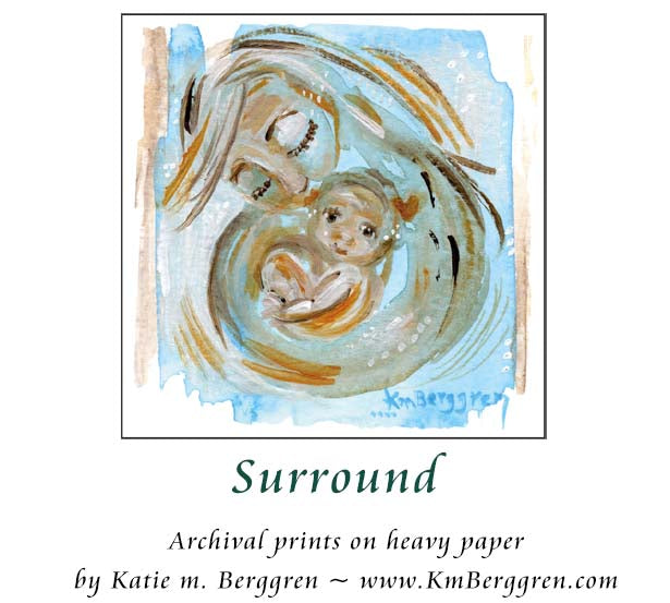 abstract blue watery mother and baby cuddling. Gift for new mom, new mother gift, baby shower gift. first baby gift