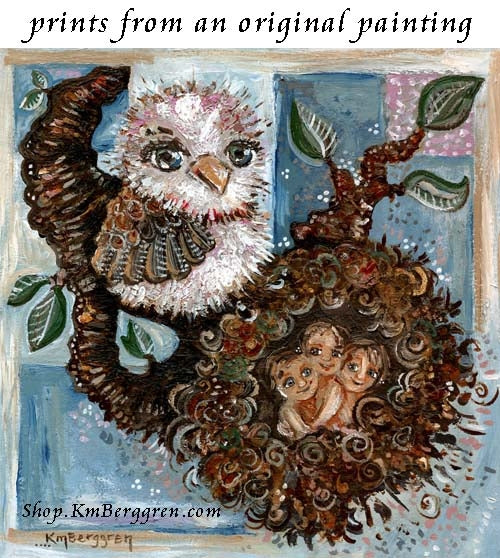 pink bird art with nest holding three children, by KmBerggren