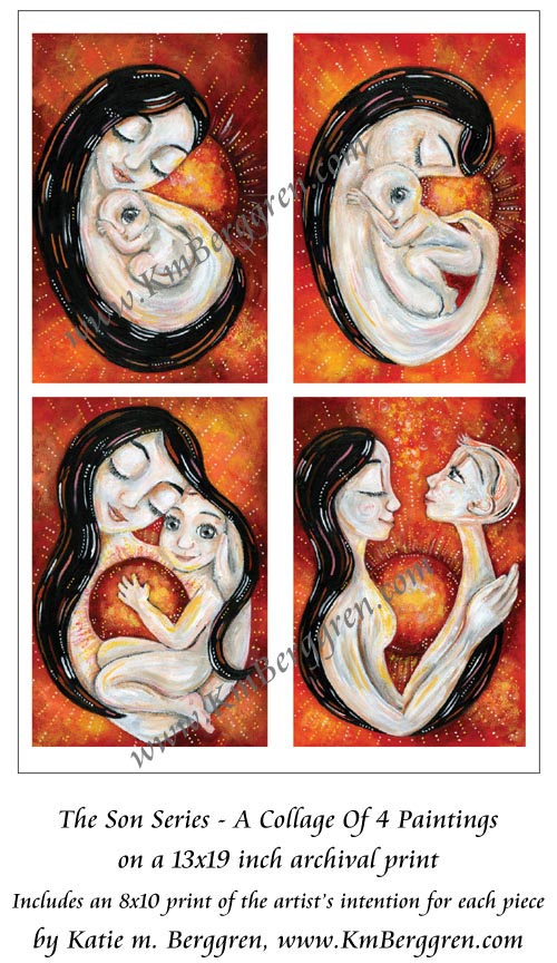 mother son artwork, art print of mom with baby boy, growing boy artwork, growing up son, red, orange, naked mother and child, rich flourishing artwork to inspire a mother's soul, tender art gift for empty nest
