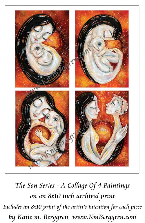 mother son artwork, art print of mom with baby boy, growing boy artwork, growing up son, red, orange, naked mother and child, rich flourishing artwork to inspire a mother's soul, tender art gift for empty nest