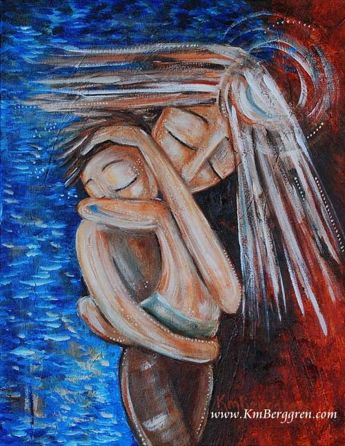 evocative and emotional red and blue art print of mother protecting child holding child by the water with a rich red background