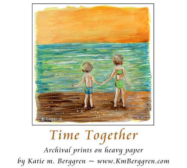 Time Together - 2 kids on orange sky beach art print