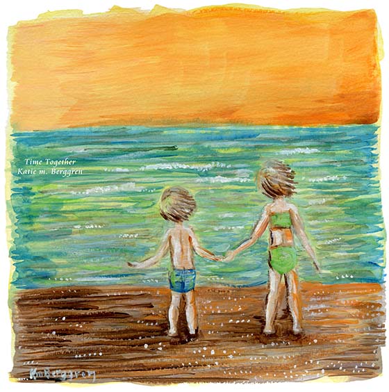2 children on a beach, green ocean, orange sky, whimsical childhood art print, kmberggren, brother and sister holding hands on the beach artwork, gift for brother and sister, gift for mom from the kids