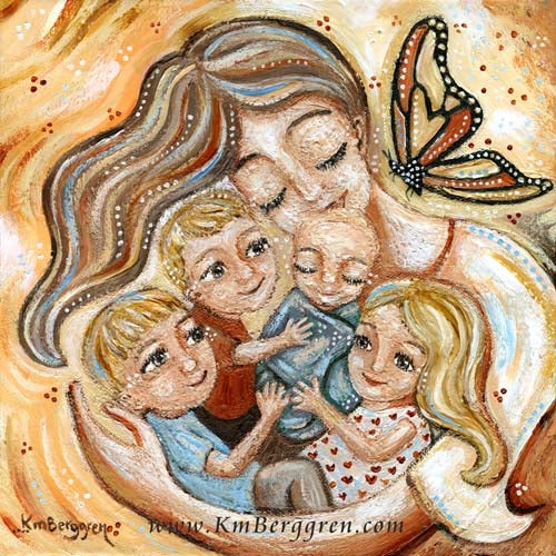light brown haired mother with three blonde children and new baby with monarch by KmBerggren, golden mother of 4 children with a butterfly artwork