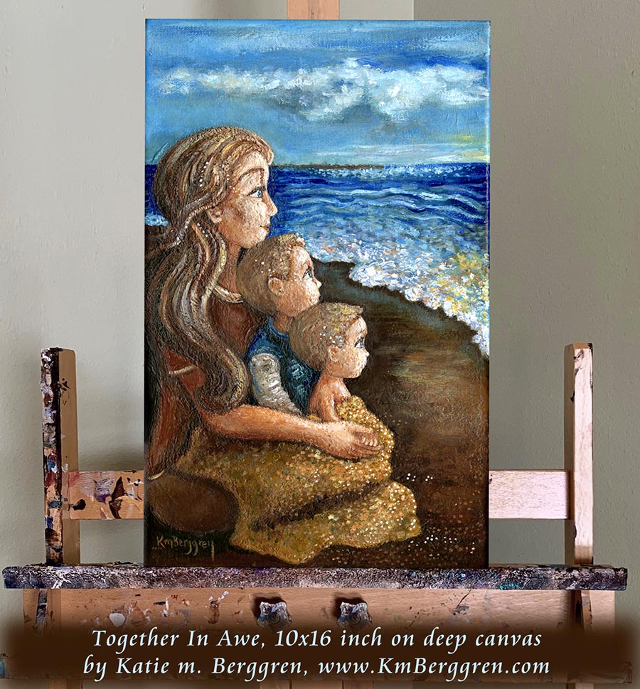 mother and two sons on the beach art, beach art of mom and kids, mom of 2 sons, watching the ocean artwork, beach house wall decor, beach loving woman art, beach lover mom gift, brothers on the beach painting, paintings of the ocean, paintings of the sea, seaside painting