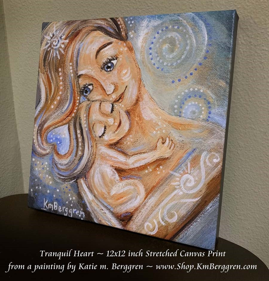 light blue art print of blonde mother with blonde daughter and swirls and body art by Kmberggren