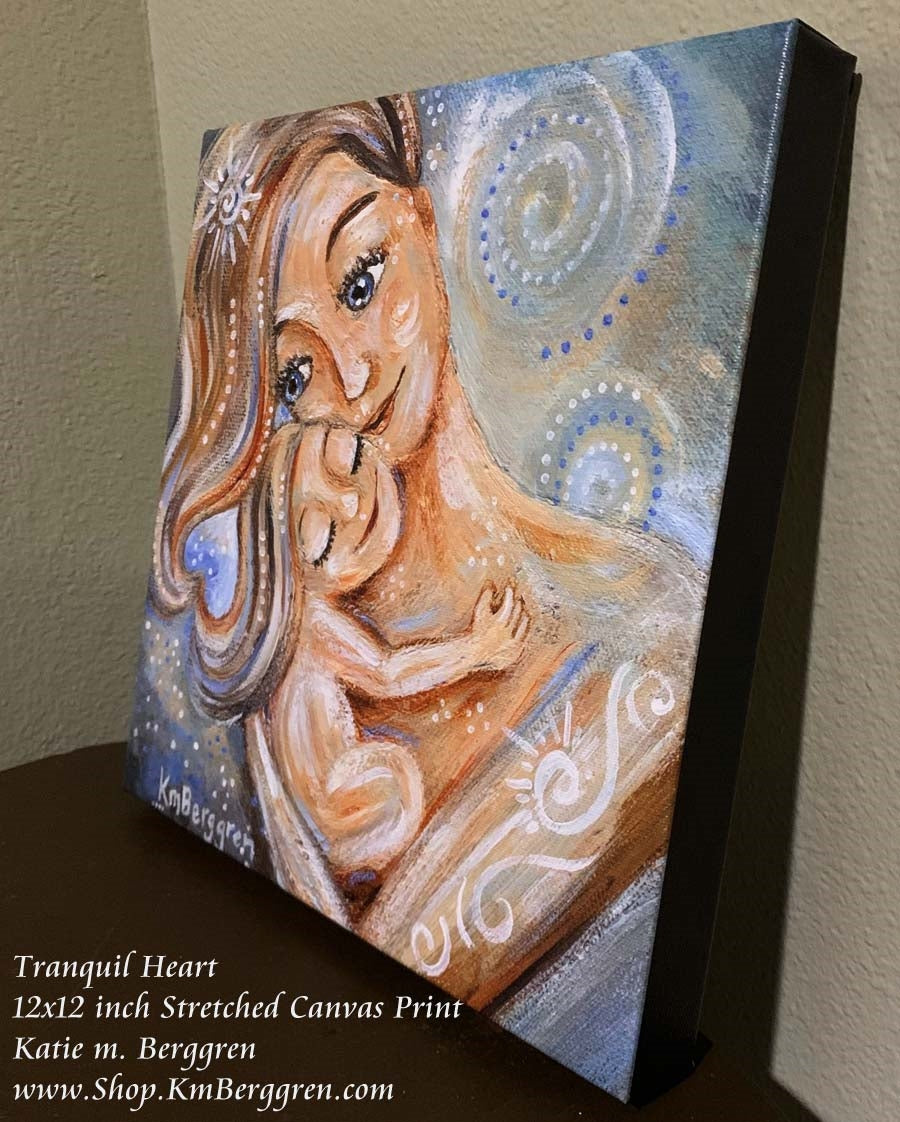 light blue art print of blonde mother with blonde daughter and swirls and body art by Kmberggren