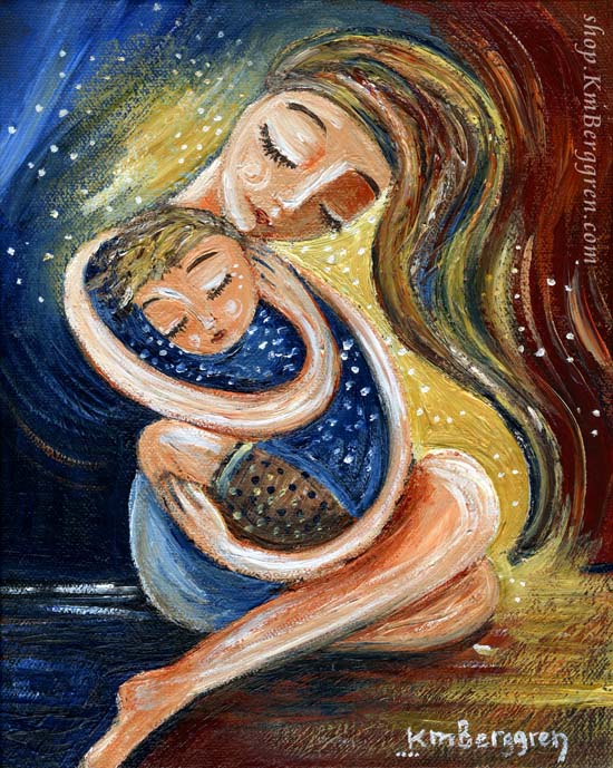 emotional and powerful mother and son painting, red, yellow and blue artwork of a mother hugging her spiky haired blonde son, sitting together, mother and child gift idea