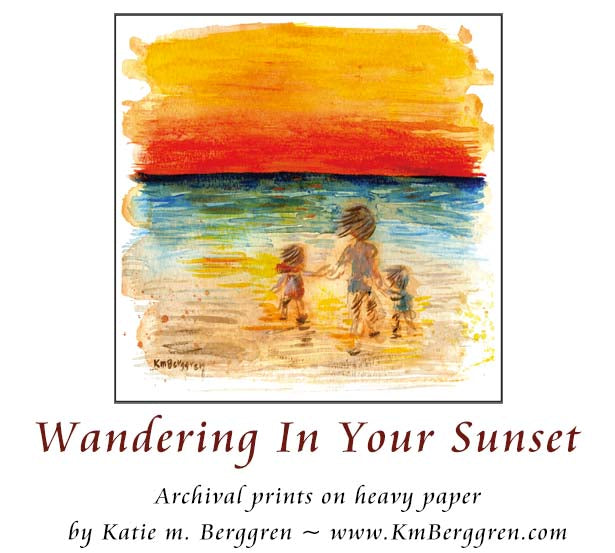 dreamy beach art, sunset beach painting of woman and 2 children on the beach, orange beach painting