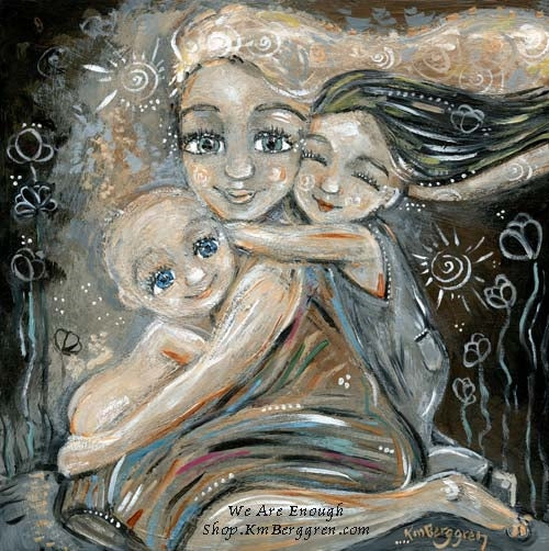 black and white monochromatic art print of mother with white hair and daughter with black hair with bald baby