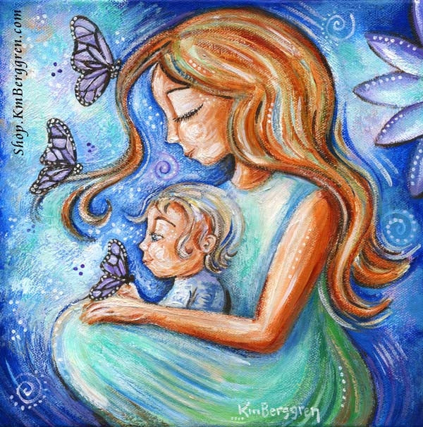 purple and blue motherhood art print mom with red hair and blonde toddler with purple butterflies and big purple flowers, blue sky, green dress, ethereal and intimate motherhood art