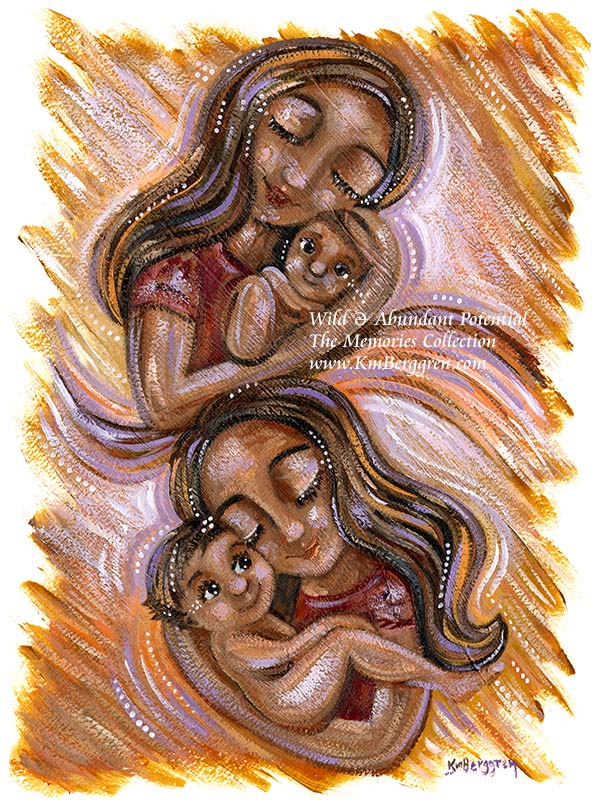 dark skin mother and two children, brown skin artwork, woman of color, same sex couple with children, two women with children, indian mother and baby art, brown family, black family, african american mother and child, original family paintings by Katie m. Berggren