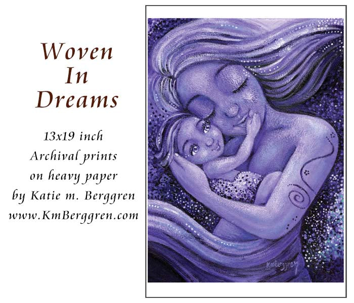 mother and child dancing, purple artwork, warm artwork of mommy and baby, baby touching mom face art, kmberggren