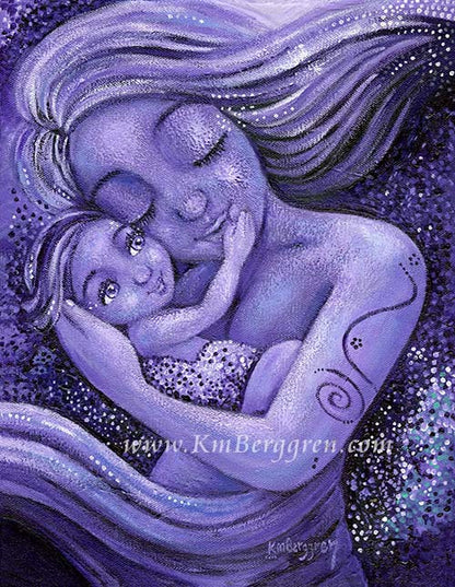 mother and child dancing, purple artwork, warm artwork of mommy and baby, baby touching mom face art, kmberggren