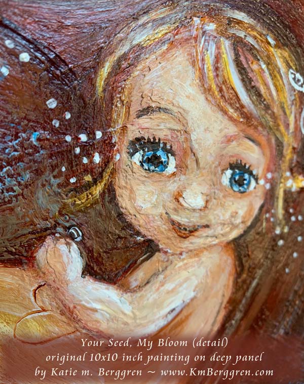 inner child artwork, painting of woman with child in her heart, mother daughter, woman inner child, big flower artwork, little girl in mother's heart, blonde hair blue eye daughter, inner strength artwork, inner child painting, strong woman artwork