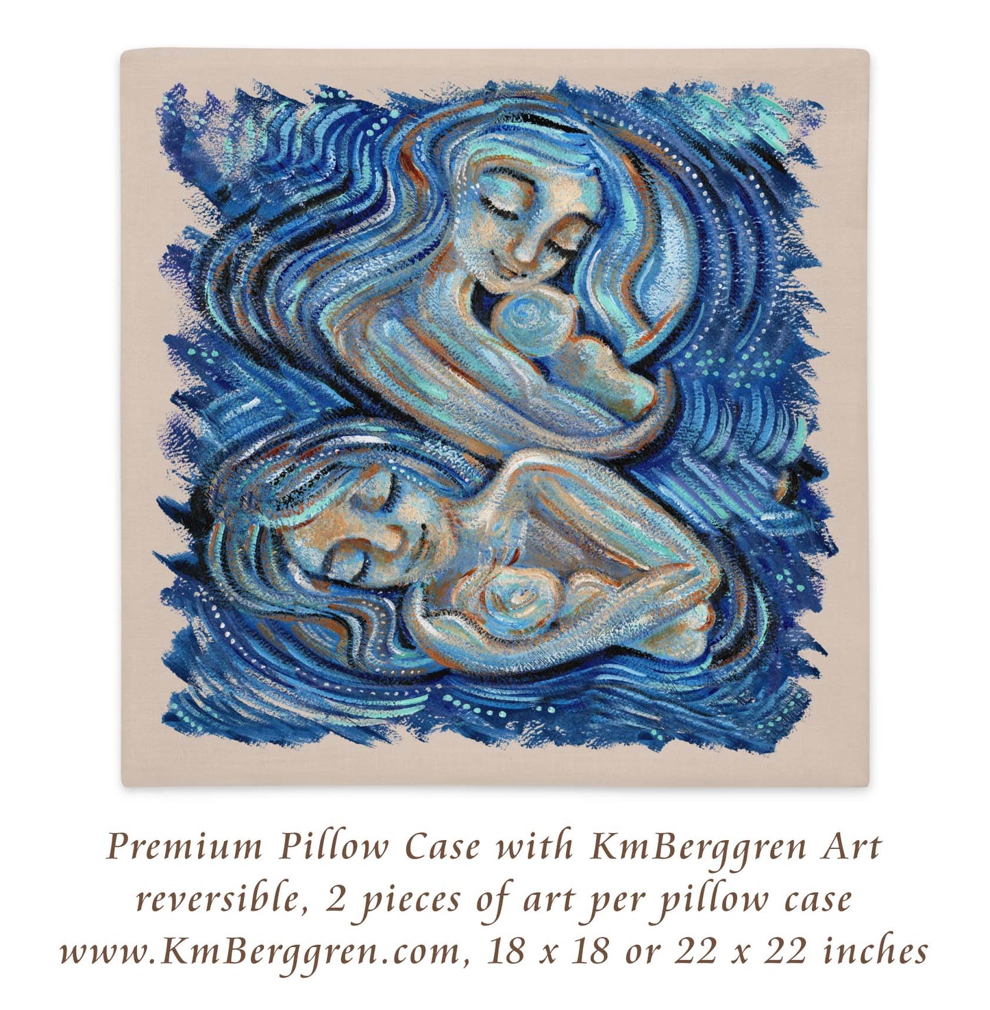 premium pillow case with kmberggren art, reversible, linen feel, high quality, vibrant colors, easy gift for mom, home decor motherhood art