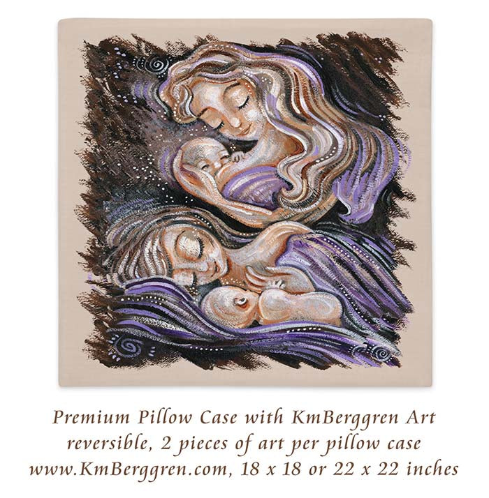 premium pillow case with kmberggren art, reversible, linen feel, high quality, vibrant colors, easy gift for mom, home decor motherhood art