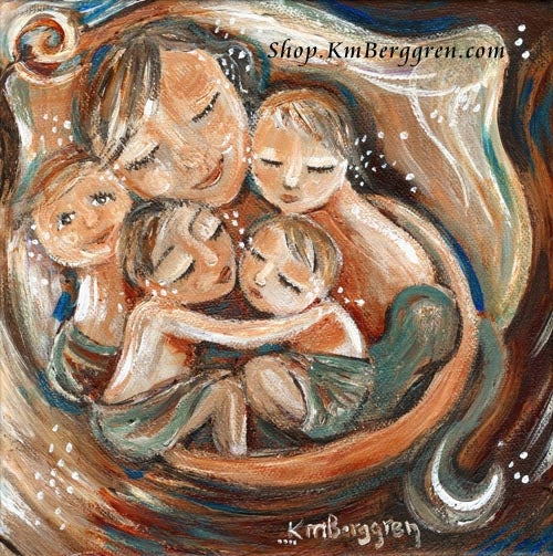 an art print of a mother sleeping in a bed circled by her four children, cuddling  kids, cosleeping with mommy