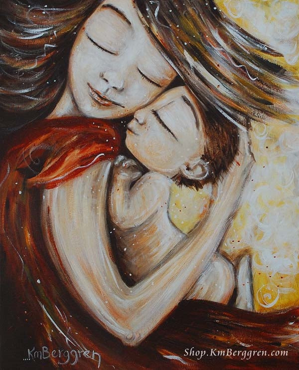 artwork of mother with flowing hair and red dress, dancing with little nude child, stunning and expressive maternity artwork by KmBerggren