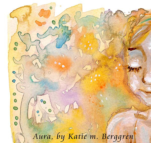 A confident and happy young woman, positive artwork, sitting in a yoga pose with a golden watery dream-like background. Yoga Art. Powerful girl gift. Confident young woman art. Beautiful and Sentimental girl gifts.