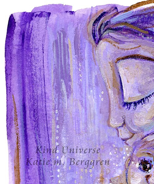 purple lavender mommy and baby art print, unique meaningful art print gifts for mom, gentle mother artwork, vibrant purple artwork