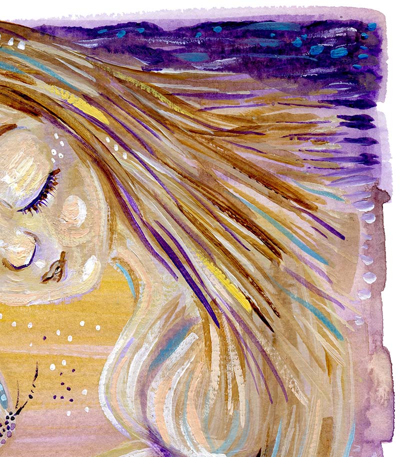 Pregnant mother with purple and yellow butterfly. Inspiring and comforting art prints for mom pregnant with her rainbow baby, blonde mother, watercolor background, yellow and violet nurturing comforting art print, kmberggren