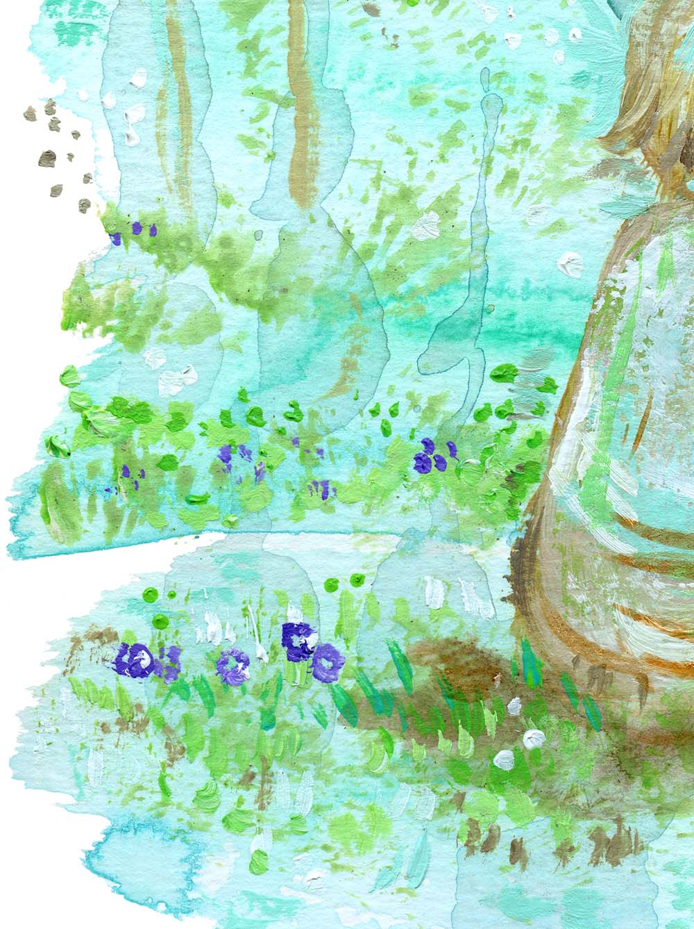 woman and child sitting in a forest, flowers in grass, aqua green blue artwork, dreamy woods, dreamy nature artwork of mother and child kmberggren