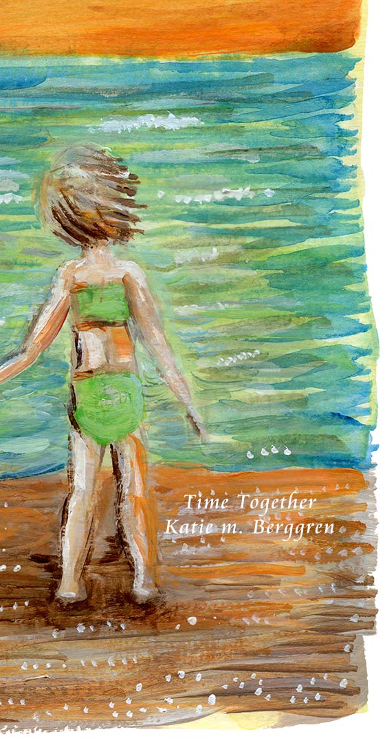 2 children on a beach, green ocean, orange sky, whimsical childhood art print, kmberggren, brother and sister holding hands on the beach artwork, gift for brother and sister, gift for mom from the kids