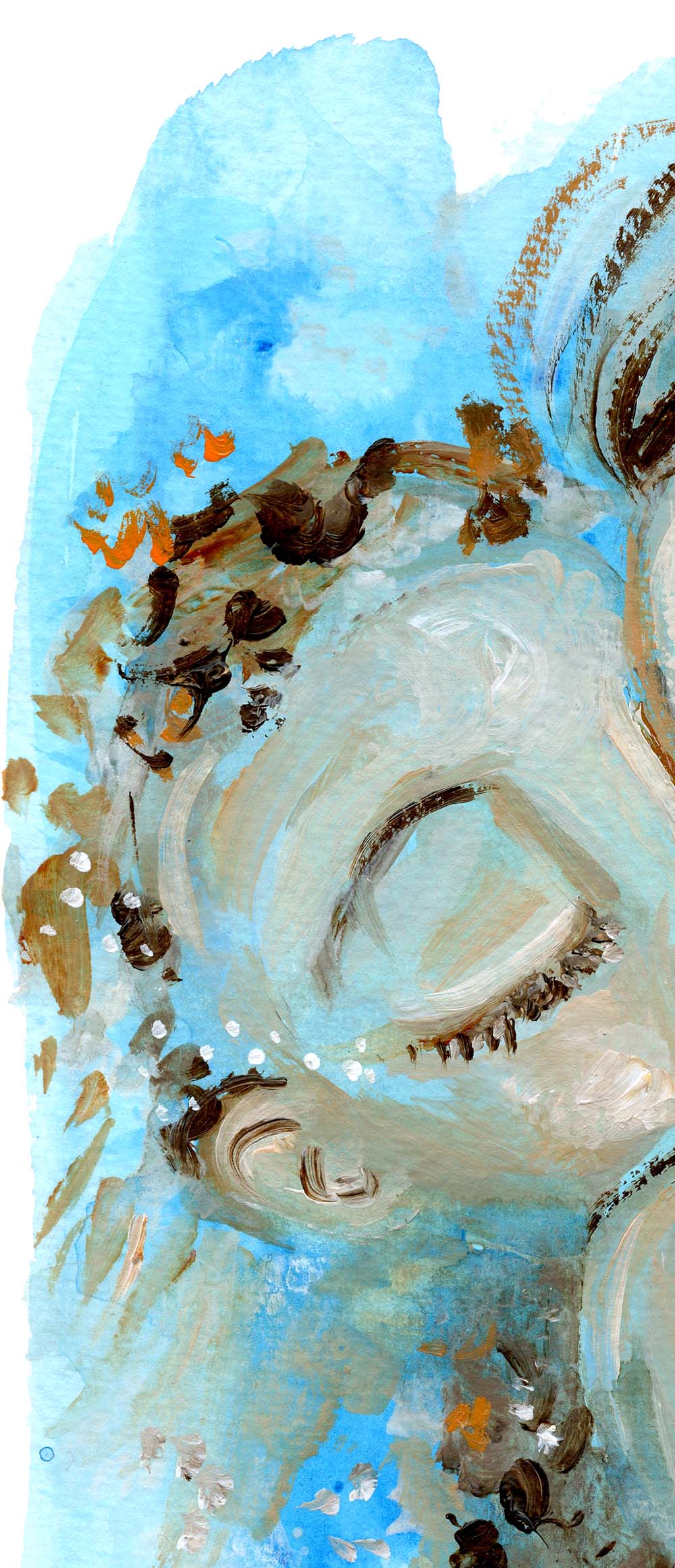 mother and two children kissing, blue watery artwork, biracial babies and mom, gift for mother's day for mom of two 2