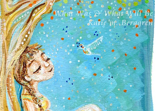 A solitary and confident woman leaning against a tree art print. Rain & Sunshine art. Gift for pregnant mother. Hopeful pregnancy artwork.