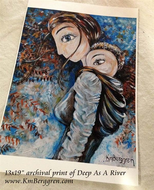 blue and brown art print of brunette mother wearing child on her back, blue sky, ferns and nature, kmberggren natural and luminous maternity artwork