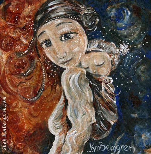 red and blue artwork of mother wearing an infant on her back by KmBerggren, warm and cool art, seasonal artwork, tender paintings of mommy wearing a baby on her back