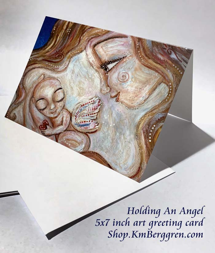 holding a baby angel greeting card, blank frameable art card for mom