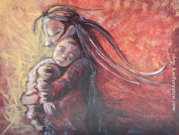 artwork of long haired mother holding baby on her shoulder in reds and yellows, by KmBerggren, sunny stunning artwork for moms
