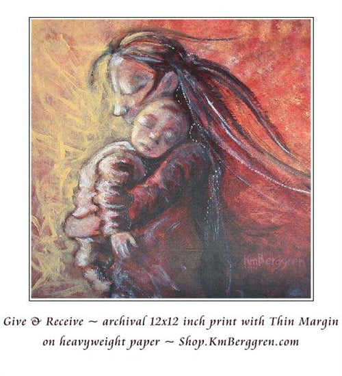 art print sample of long haired mother and baby in red and yellows