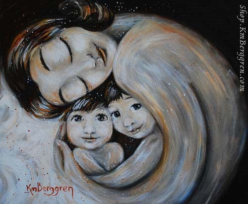 black and white artwork of mother with black hair holding two children. Choose Embellished for eye color changes.