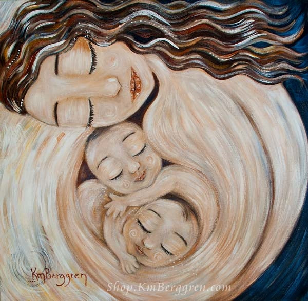 artwork of mother holding twin babies skin to skin by KmBerggren, gentle soothing gifts for mom, intimate pink art print of mother with twin babies, twin boys with mommy, twin girls with mom, babies in utero painting, babies in womb art, brunette mother holding twins