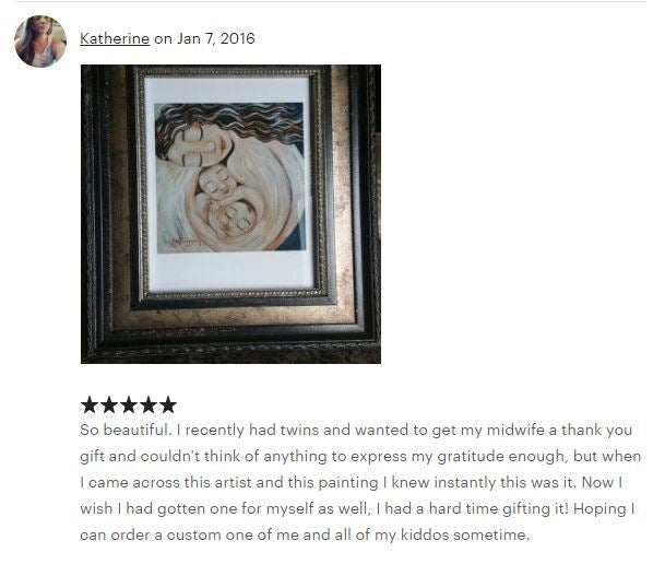 testimonial from a KmBerggren art collector, artwork of mother holding twin babies skin to skin by KmBerggren, gentle soothing gifts for mom, intimate pink art print of mother with twin babies, twin boys with mommy, twin girls with mom, babies in utero painting, babies in womb art, brunette mother holding twins