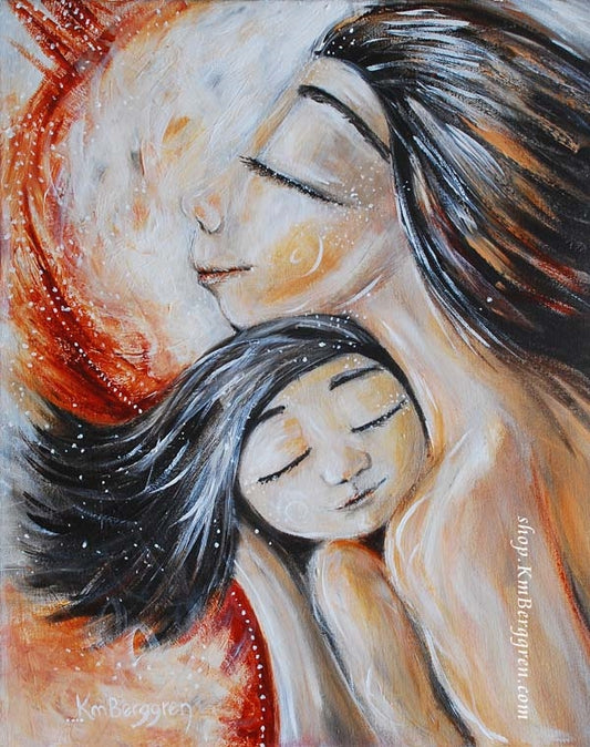 Artwork of Asian mother holding daughter against her chest in pinks and red colors by KmBerggren