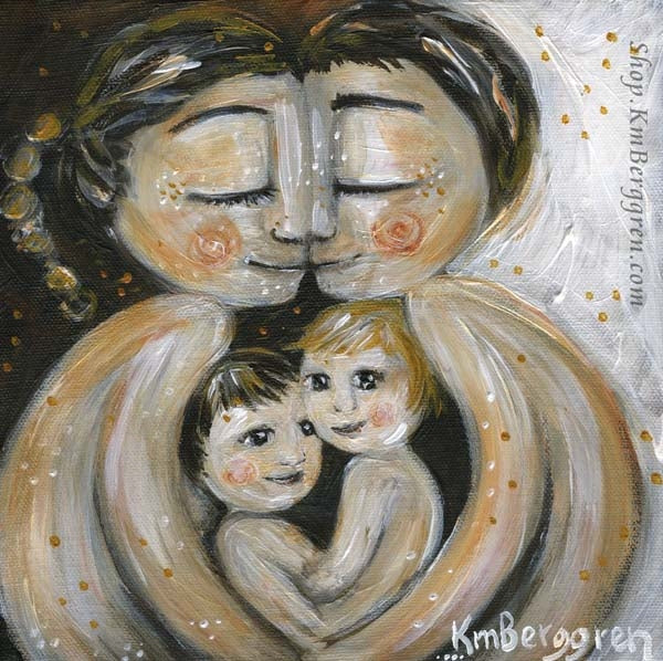 Choose Embellished for Custom Eye Colors. Warm Artwork of Mother and father with two children in their laps by KmBerggren, brunette mother and father with two children in their lap, blonde child and brunette child, brother art, twin art, parents and twins