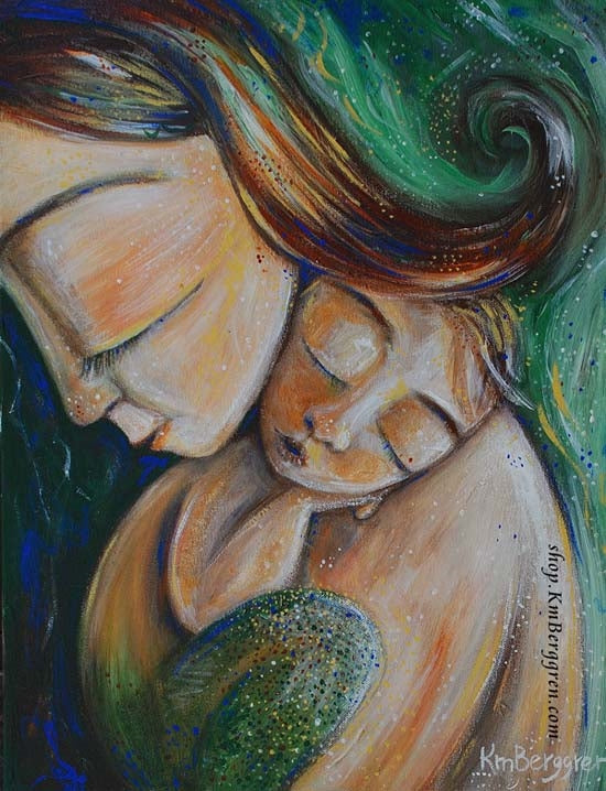 green artwork of red haired woman holding sleeping baby mermaid, by KmBerggren, whimsical expressive imaginative maternity artwork