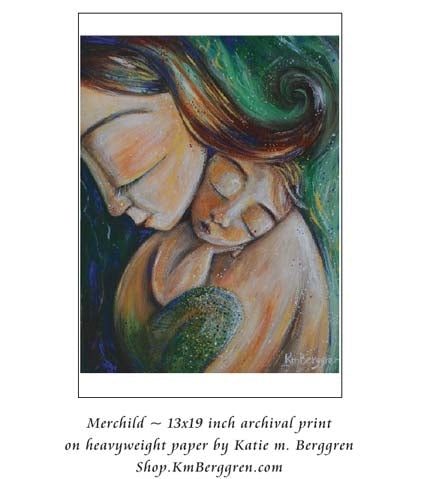 green artwork of red haired woman holding sleeping baby mermaid, by KmBerggren, whimsical expressive imaginative maternity artwork