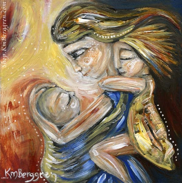 red yellow and blue art print of mother wearing toddler and carrying daughter with yellow dress on her back, by KmBerggren