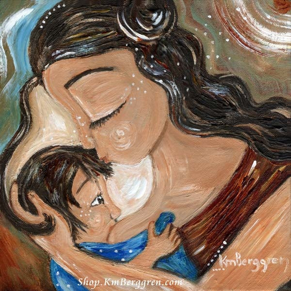 motherhood nursing artwork in blues and reds by KmBerggren