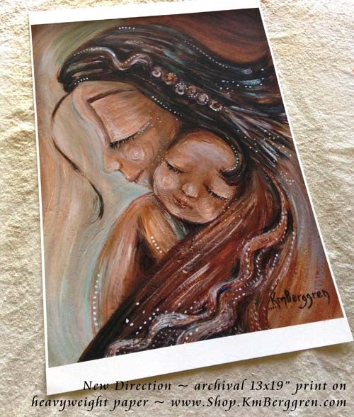 art print in warm tones by KmBerggren of mother with braided hair and sleeping bald child, gentle meaningful maternity paintings, motherhood art that captures family love