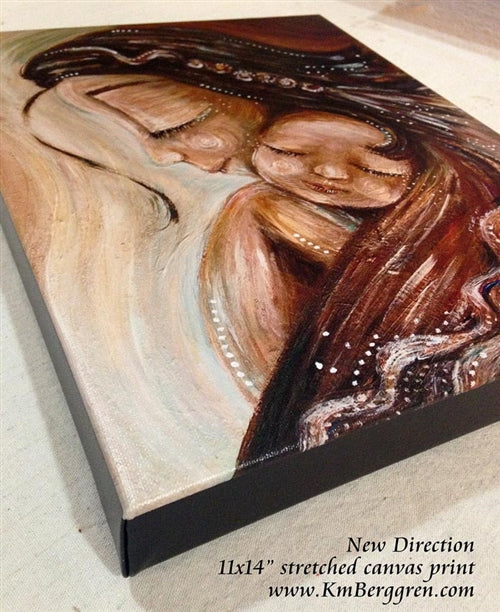art print in warm tones by KmBerggren of mother with braided hair and sleeping bald child